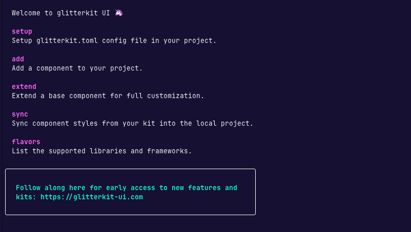 Screenshot of glitterkit cli showing the help command output.